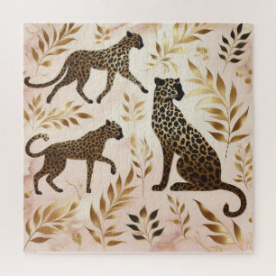 Quebra-cabeça Leopardo Preto e Dourado Fundo Rosa