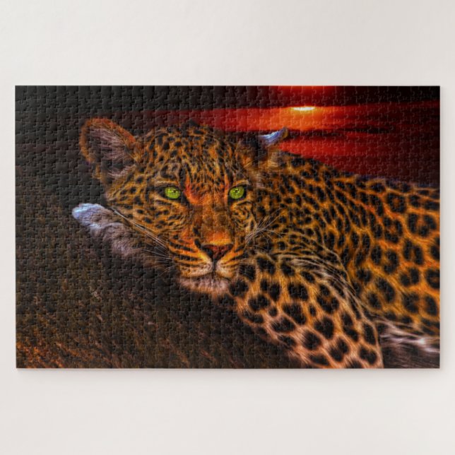 Quebra-cabeça Leopardo Soltando, Grande Arte Gato (Horizontal)