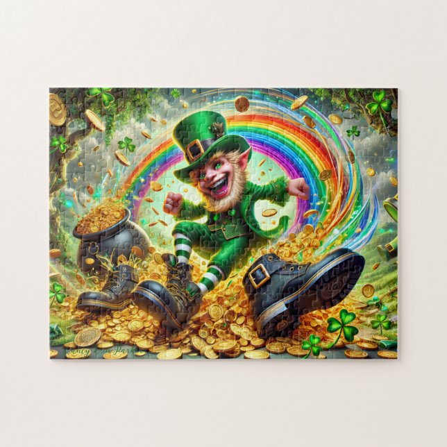 Quebra-cabeça Leprechaun Mischief, Playful Irish Scene, Gold (Horizontal)