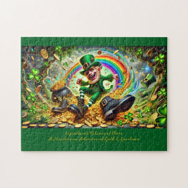 Quebra-cabeça Leprechaun Mishead, Playful Irish Scene Dourada (Horizontal)