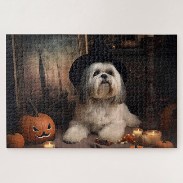Quebra-cabeça Lhasa Apso Abóboras Dia das Bruxas Assustador (Horizontal)