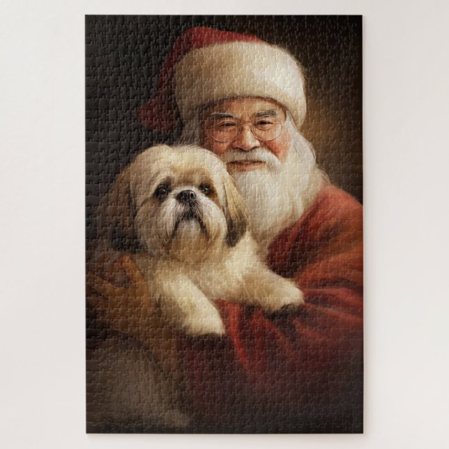 Quebra-cabeça Lhasa Apso Com Papai Noel Natal Festivo (Vertical)