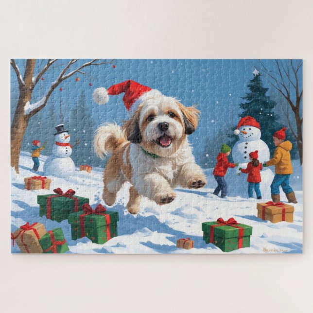 Quebra-cabeça Lhasa Apso Correndo em Neve com Chapéu de Natal (Horizontal)