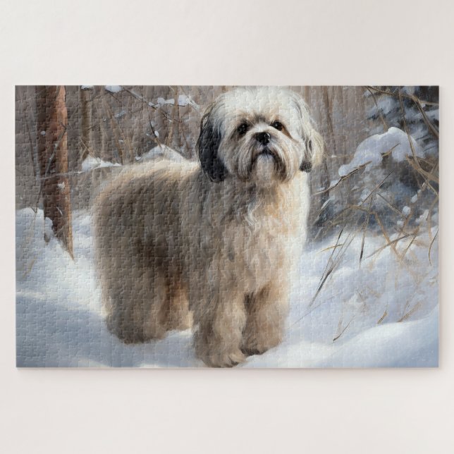 Quebra-cabeça Lhasa Apso Deixe-A Neve Natal (Horizontal)