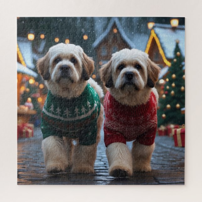 Quebra-cabeça Lhasa Apso Dogs Christmas Snow Holiday (Vertical)