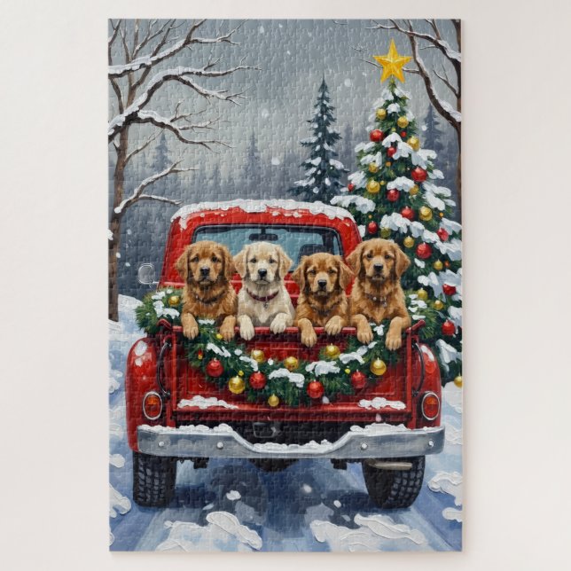 Quebra-cabeça Lhasa Apso Natal Caminhão Vermelho Férias (Vertical)