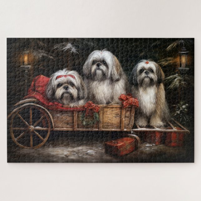Quebra-cabeça Lhasa Apso Trineve Arrasto de Natal Decoração (Horizontal)