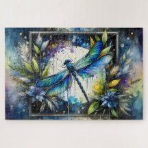 Libélula Azul Botânica Aquarela