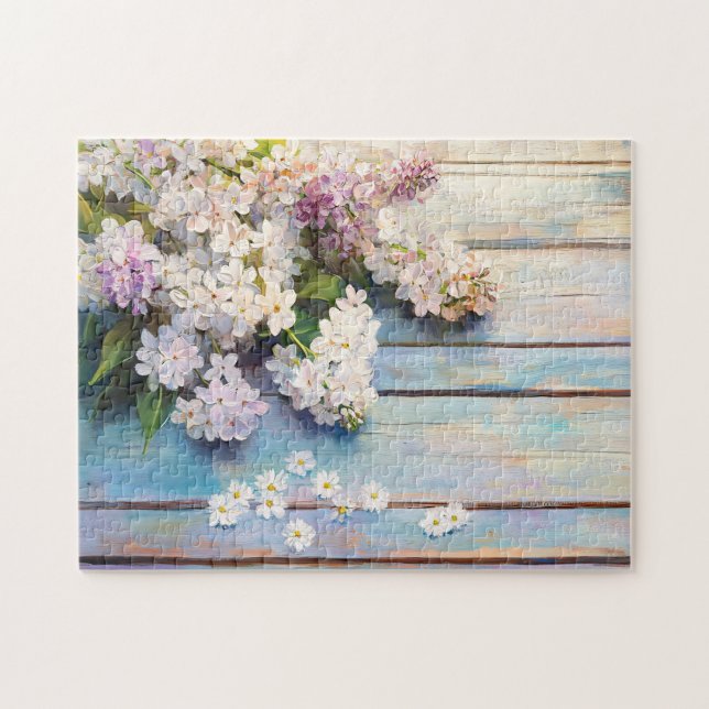 Quebra-cabeça Lilases e margaridas sobre madeira de pastel (Horizontal)