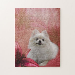Quebra-cabeça Lily Flores Brancas Pomeranianas, Arte Canina