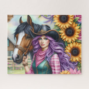 Quebra-cabeça Linda Cowgirl de Cabelo Roxo Cavalos Girassóis