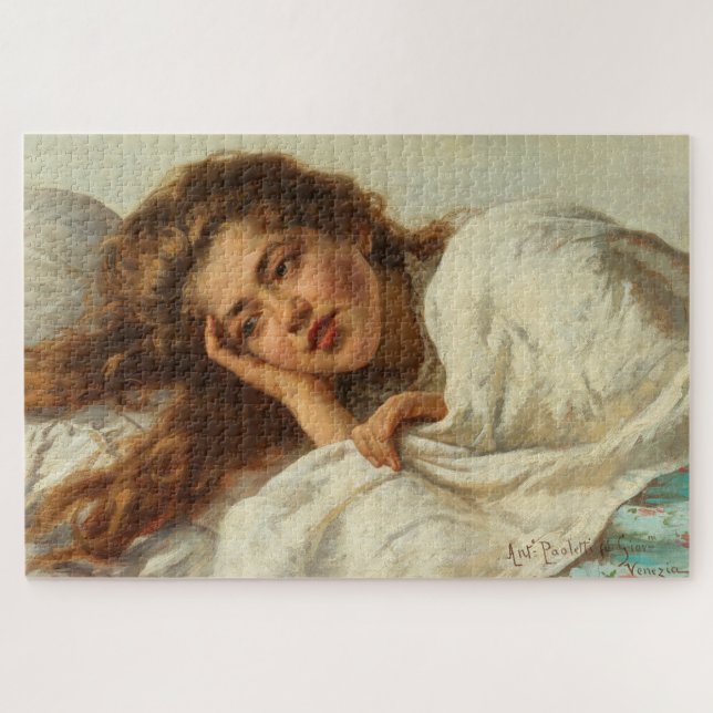 Quebra-cabeça Linda garota deitada na cama com cabelo vermelho (Horizontal)