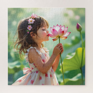 Quebra-cabeça Linda Menina Cheirando uma Rosa Rosa