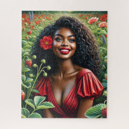 Quebra-cabeça Linda Mulher Negra Em Arte Vermelha De Morango