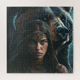 Quebra-cabeça Linda mulher tribal com seu urso