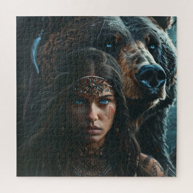 Quebra-cabeça Linda mulher tribal com seu urso (Vertical)