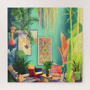 Quebra-cabeça Linda Sala de Vida de Plantas Tropicais de Boho