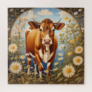 Quebra-cabeça Linda Vaca Jersey Em Daisy field Vintage