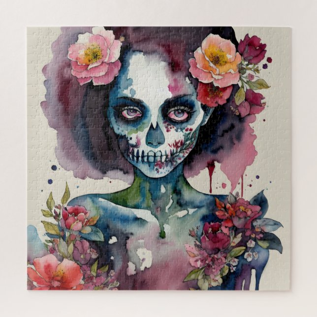 Quebra-cabeça Linda Zombie Floral Watercolor Art (Vertical)