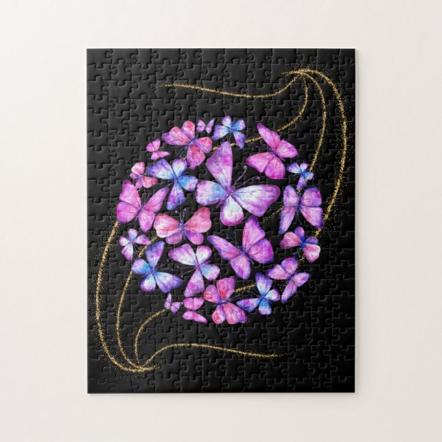 Quebra-cabeça Lindas Borboletas de Aquarela com Bling Dourado (Vertical)