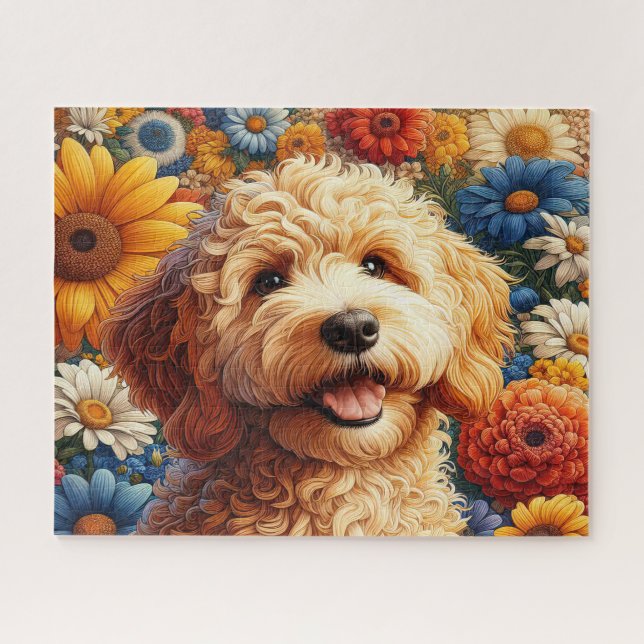 Quebra-cabeça Lindo Cão Goldendoodle Com Flores (Horizontal)