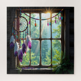Quebra-cabeça Lindo Dreamcatcher Boho Roxo na Janela