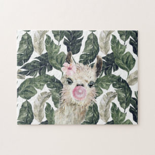 Quebra-cabeça Lindo Lhama em Aquarela Monstera Tropical