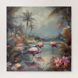 Quebra-cabeça lindos flamingos de pintura botânica de vintagem