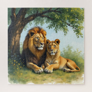 Quebra-cabeça Lion e Lioness lado a lado em árvore