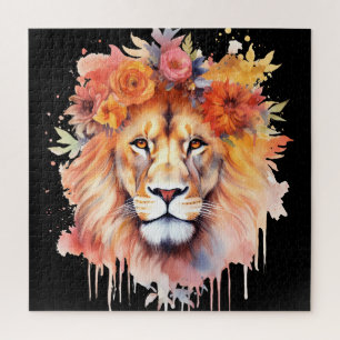Quebra-cabeça Lion Pastel Flowers Safari Watercolor Savannah Cat