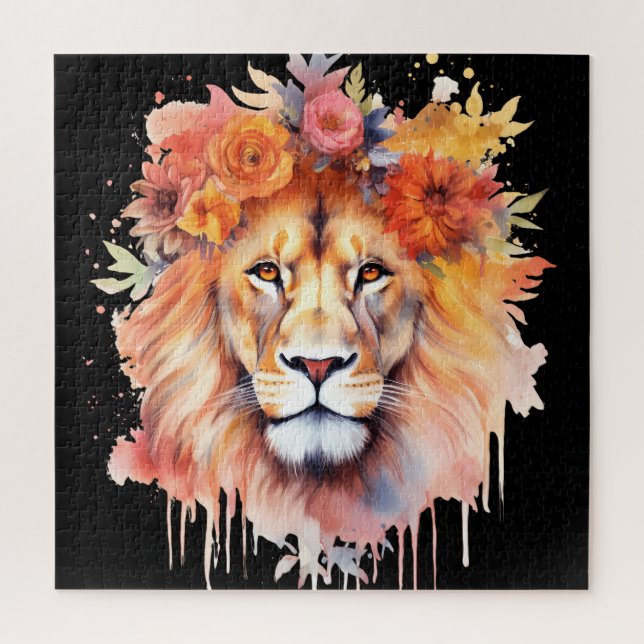 Quebra-cabeça Lion Pastel Flowers Safari Watercolor Savannah Cat (Vertical)