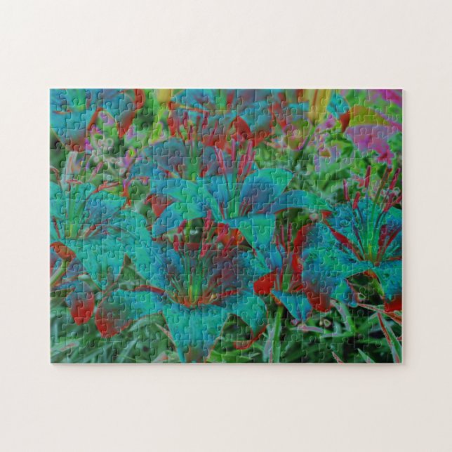 Quebra-cabeça Lírios Azuis Abstratos Arte de Flores de Gotículas (Horizontal)