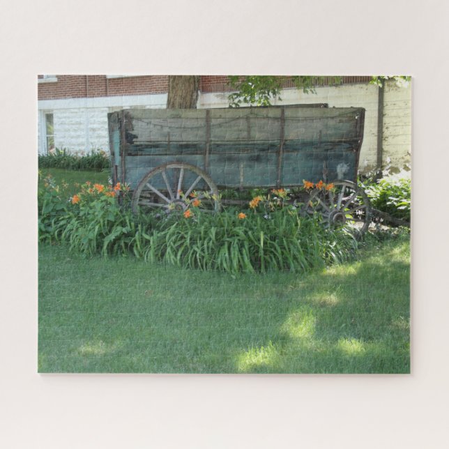 Quebra-cabeça Lírios Tiger e um velho vagão de fazenda (Horizontal)