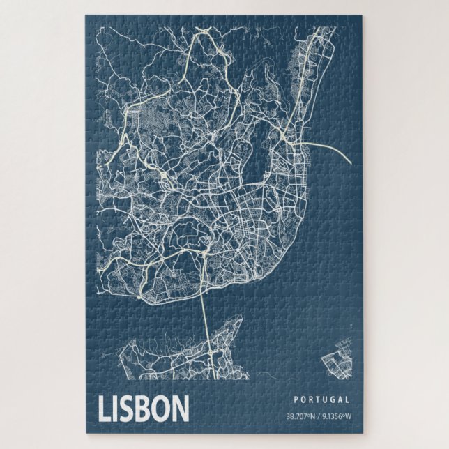 Quebra-cabeça Lisboa Portugal - Mapa da Linha Art Blue Impressão (Vertical)