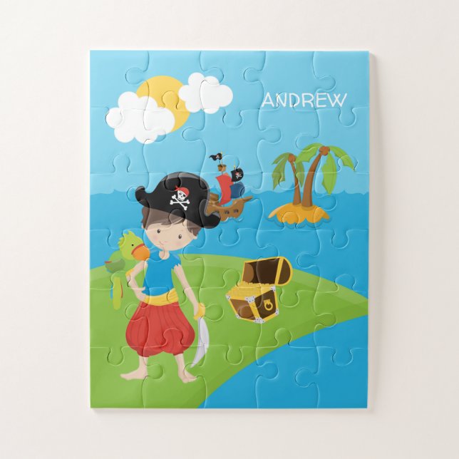 Quebra-cabeça Little Boy Pirate com tesouro e papagaio (Vertical)