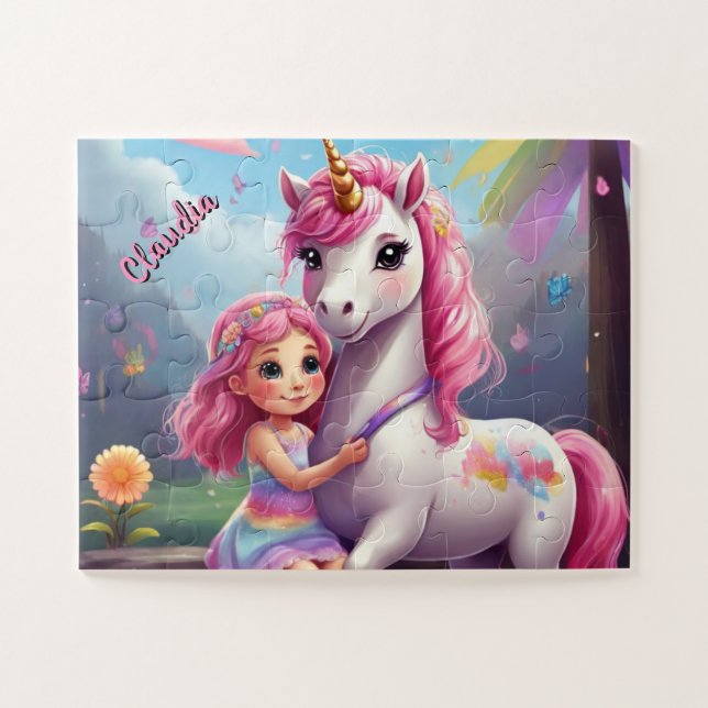Quebra-cabeça Little Girl and Unicorn Fantasy Personalizada (Horizontal)