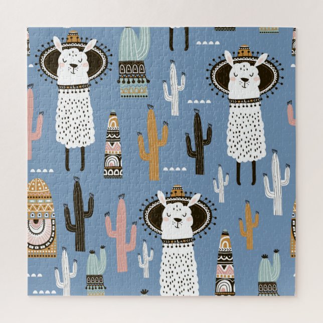 Quebra-cabeça Llama, Cactus, Padrão De Elementos Desenhados À Mã (Vertical)