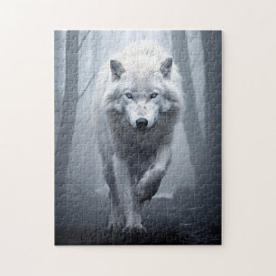 Quebra-cabeça Lobo Branco na Floresta Foggy