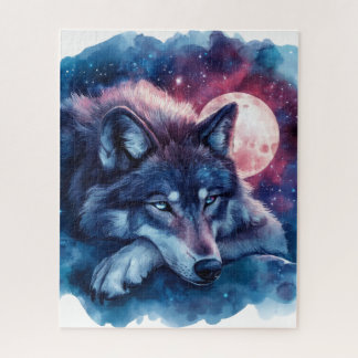 Quebra-cabeça Lobo Descansando Sob a Lua Cósmica