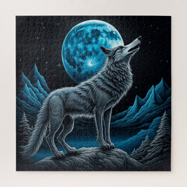 Quebra-cabeça Lobo em frente à lua cheia | arte AI (Vertical)
