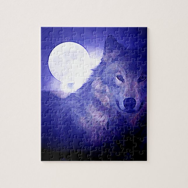 Quebra-cabeça Lobo, Lua e Noite Azul (Vertical)