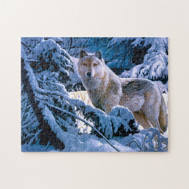 Quebra-cabeça Lobo na pintura da floresta de inverno (Horizontal)