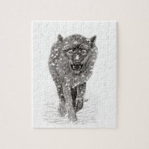 Quebra-cabeça Lobo Negro Zangado na Neve, inverno selvagem