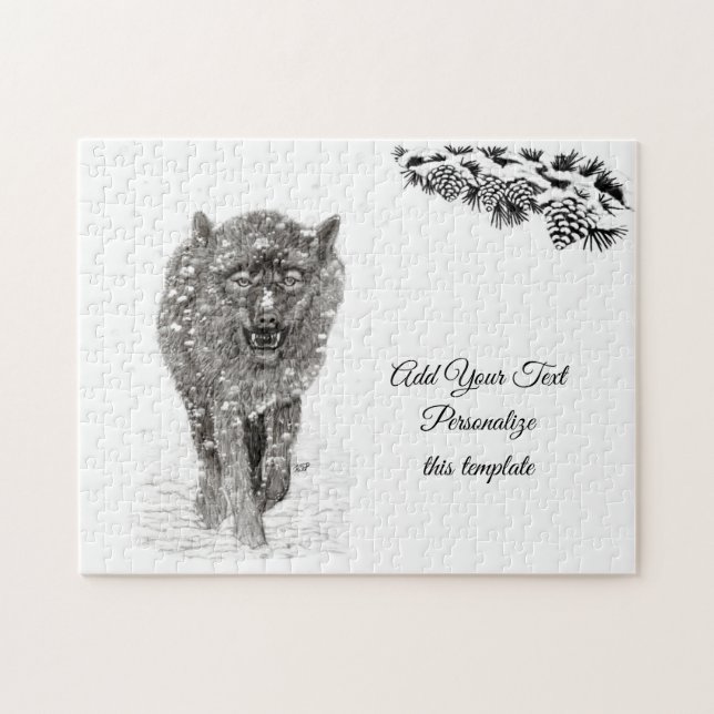 Quebra-cabeça Lobo Negro Zangado na Neve, inverno selvagem (Horizontal)