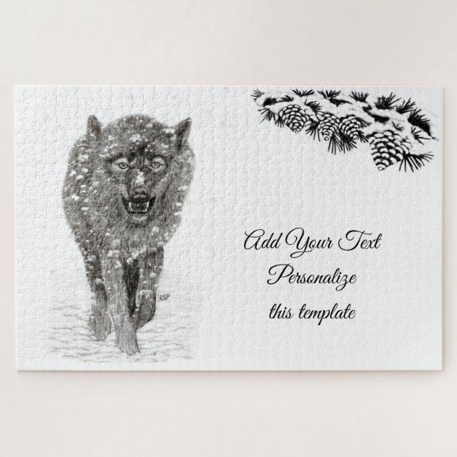 Quebra-cabeça Lobo Negro Zangado na Neve, inverno selvagem (Horizontal)