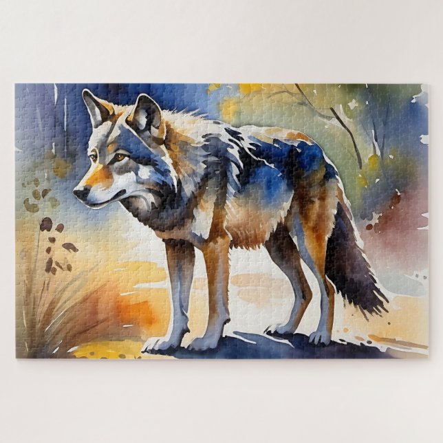 Quebra-cabeça Lobo numa pintura de aquarela florestal (Horizontal)