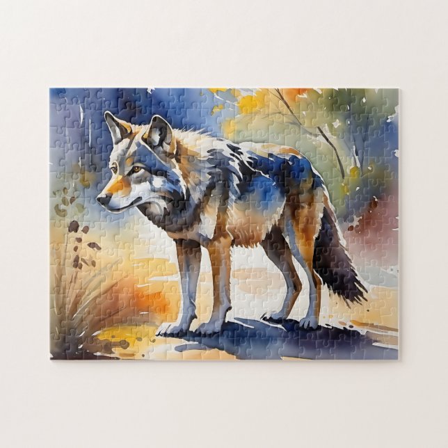 Quebra-cabeça Lobo numa pintura de aquarela florestal (Horizontal)