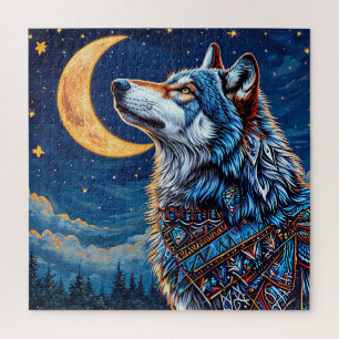Quebra-cabeça Lobo sob a Lua Crescente à Noite