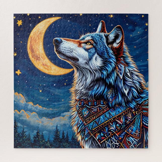 Quebra-cabeça Lobo sob a Lua Crescente à Noite (Vertical)