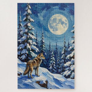 Quebra-cabeça Lobo Vintage na Floresta de Inverno sob a Luz da L